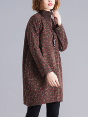 Vintage Loose Long Sleeves Floral Printed High-Neck Mini Dresses