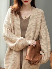 Solid Color Long Sleeves Loose Collarless Cardigan Tops