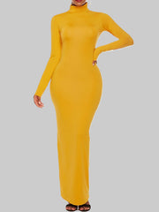 Solid Color Bodycon Long Sleeves High Neck Maxi Dresses