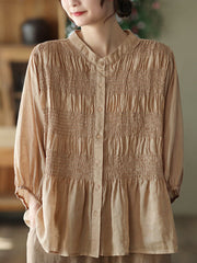 Pleated Solid Color Split-Joint Loose Three-Quarter Sleeves Stand Collar Blouses&Shirts Tops