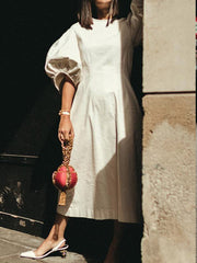 Solid Color Half Sleeves Loose Round-Neck Midi Dresses