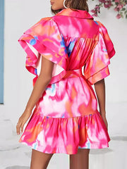Buttoned Leaves Print Split-Joint Tied Waist Tie-Dyed Loose Ruffle Sleeves Lapel Mini Dresses