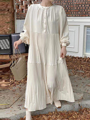 Buttoned Pleated Solid Color Split-Joint A-Line Long Sleeves Round-Neck Midi Dresses