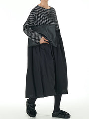Contrast Color Elasticity Pleated Polka-Dot Split-Joint Long Sleeves Loose Round-Neck Midi Dresses