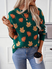 Contrast Color Jacquard Knitted Leaves Split-Joint Long Sleeves Loose Round-Neck Sweater Tops Pullovers
