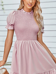 Elasticity Pleated Solid Color A-Line Loose Stand Collar Mini Dresses