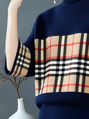 Plaid Loose Three-quarter Sleeves Sweater Tops Pullovers