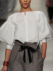 Loose Puff Sleeves Solid Color Boat Neck Blouses&Shirts Tops