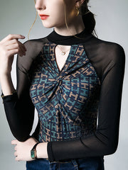 Hollow Knot Letter Print Split-Joint Long Sleeves Skinny Mock Neck T-Shirts Tops