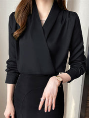 Buttoned Solid Color Long Sleeves Loose V-Neck Blouses&Shirts Tops