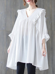 Ruffled Solid Color Loose Ruffle Sleeves Peter Pan Collar Blouses&Shirts Tops