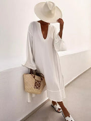 Vacation Flared Sleeves Solid Color Deep V-Neck Midi Dresses