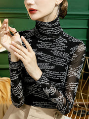 Gauze Letter Print Long Sleeves Skinny High-Neck T-Shirts