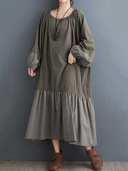 Elasticity Pleated Split-Joint A-line Loose Round-neck Midi Dresses