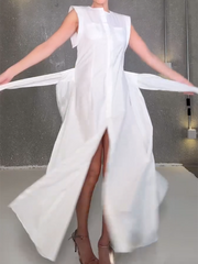 Buttoned Solid Color Split-Side Tied Waist Cap Sleeve Loose Shirt Dress Maxi Dresses