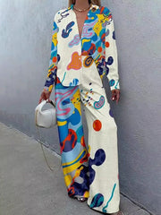 Asymmetric Printed Split-Joint Long Sleeves Loose Lapel Blouses&shirts Tops