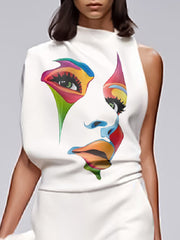 Asymmetric Figure Printed Mock Neck Blouses&Shirts Tops