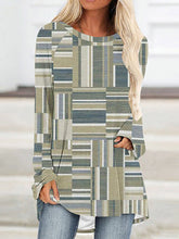 Contrast Color Printed Striped High-Low Long Sleeves Round-Neck T-Shirts Tops