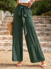Elasticity Pleated Solid Color Split-Joint Tied Waist High Waisted Loose Trousers Pants