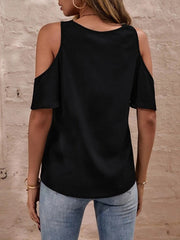 Lacy Solid Color Loose Cold shoulder T-Shirts Tops