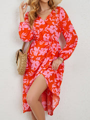 Flower Print Split-Front A-Line High Waisted V-Neck Midi Dresses