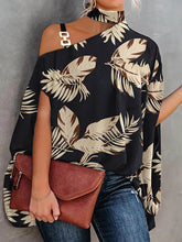 Asymmetric Chains Leaves Print Batwing Sleeves Loose Asymmetric Collar T-Shirts Tops