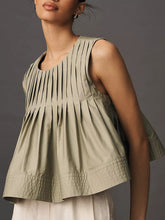 Pleated Solid Color Split-Joint Zipper Loose Sleeveless Round-neck Vest Top