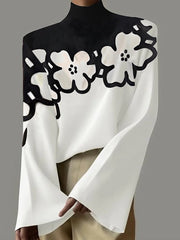 Flower Print Flared Sleeves Loose High Neck T-Shirts Tops