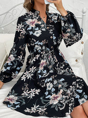 Buttoned Drawstring Elasticity Flower Print A-Line High Waisted V-Neck Mini Dresses