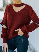 Hollow Solid Color Zipper Long Sleeves Loose V-Neck Sweater Tops Pullovers