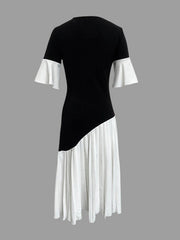 Flared Sleeves Half Sleeves Pleated Split-Joint Round-Neck Midi Dresses