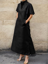 Solid Color Split-Joint Split-Side Flared Sleeves Loose Stand Collar Shirt Dress Maxi Dresses