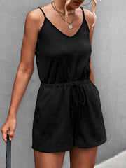 Drawstring Pockets Solid Color High Waisted Loose Spaghetti-Neck Rompers