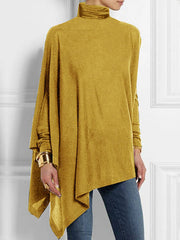 Casual Loose Long Sleeves Asymmetric Solid Color High-Neck T-Shirts Tops