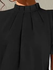 Hollow Pleated Solid Color Split-Joint Loose Short Sleeves Stand Collar Blouses