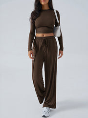 Round-Neck Long Sleeves Loose Solid Color T-shirt Top + Drawstring Elasticity Pockets Pants Bottom Two Pieces Set