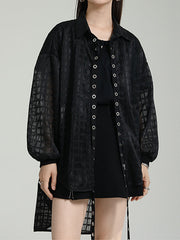 Gauze See-Through High-low Long Sleeves Round-neck Blouses&shirts Tops