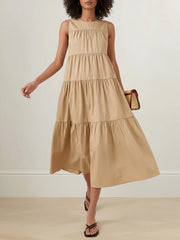Layered Pleated Solid Color A-Line Loose Round-Neck Midi Dresses