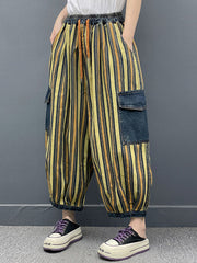 Contrast Color Drawstring Pleated Pockets Striped Loose Ninth Pants Knickerbockers Jean Pants Bottoms
