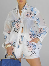 Long Sleeves Loose Floral Printed Gauze Pleated See-Through Split-Joint Lapel Blouses&Shirts Tops
