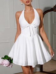 Drawstring Solid Color Tied A-Line Sleeveless Halter-Neck Mini Dresses