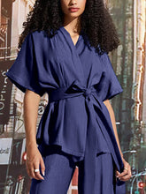 Solid Color Tied Waist Loose Short Sleeves V-Neck Blouses&Shirts Tops