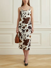 Contrast Color Cow Printed Split-Joint Bodycon Spaghetti-Neck Midi Dresses