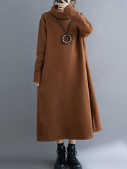 Pockets Solid Color Split-Side Velvet A-Line Long Sleeves High Neck Midi Dresses