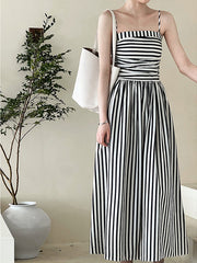 Pleated Split-Joint Striped Loose Sleeveless Spaghetti-Neck Midi Dresses