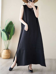 Solid Color A-Line Loose Round-Neck Midi Dresses