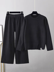 Casual Long Sleeves Irregularity Split-Front Round-Neck Sweater Tops & Wide Leg Pants Two Pieces Set