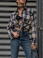 Plaid Split-Joint Long Sleeves Loose Lapel Blouses