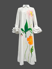 Floral Printed Split-Joint Split-side A-line Flared Sleeves Lapel Collar Shirt Dress Maxi Dresses