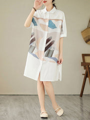 Buttoned Printed Split-side A-line Loose Lapel Shirt Dress Midi Dresses